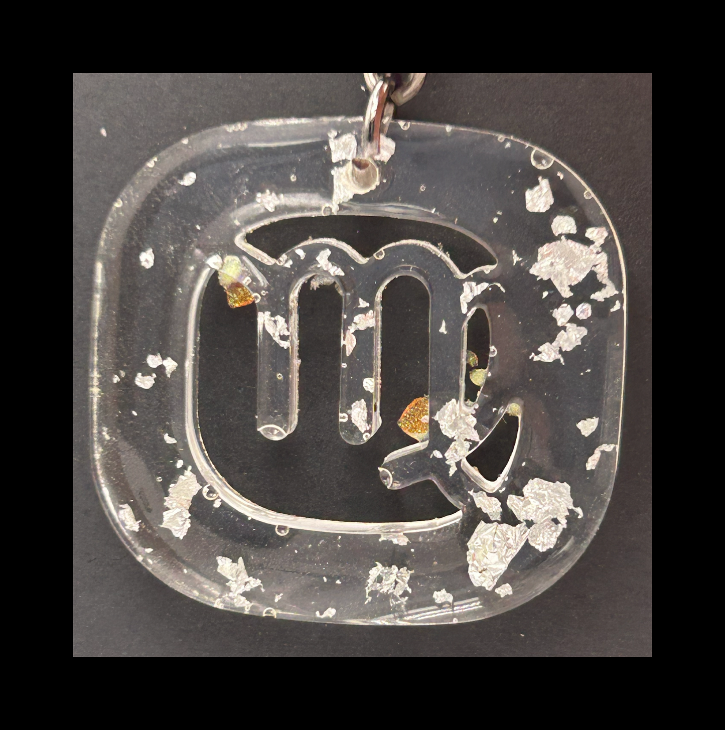 Silver foil flakes resin zodiac keychains
